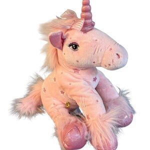Vintage Build a Bear Kawaii Pink Sparkly Unicorn Plush Shooting Stars Ribbon Bow